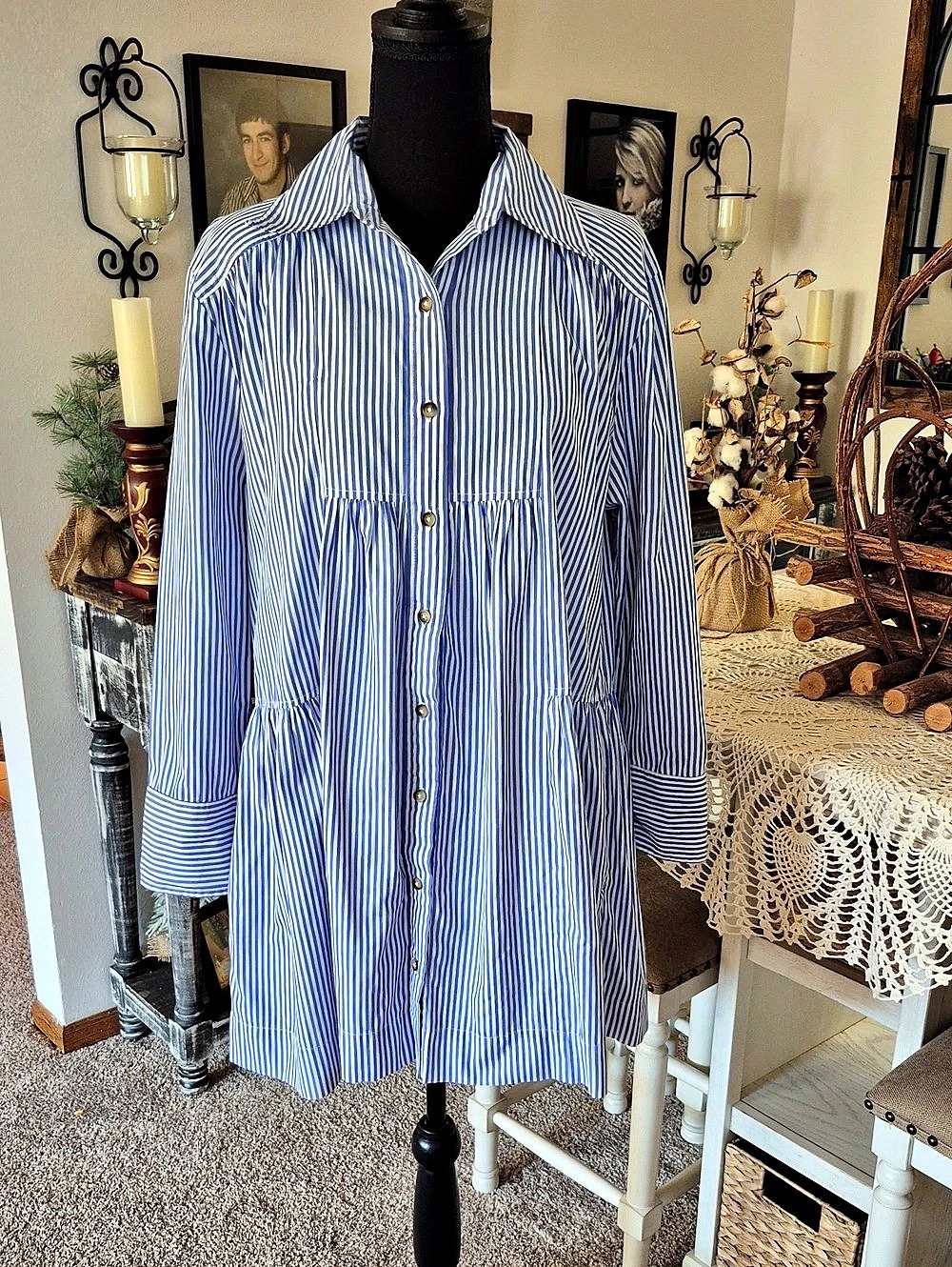 Elan - Blue & White Striped Mini Dress/Tunic